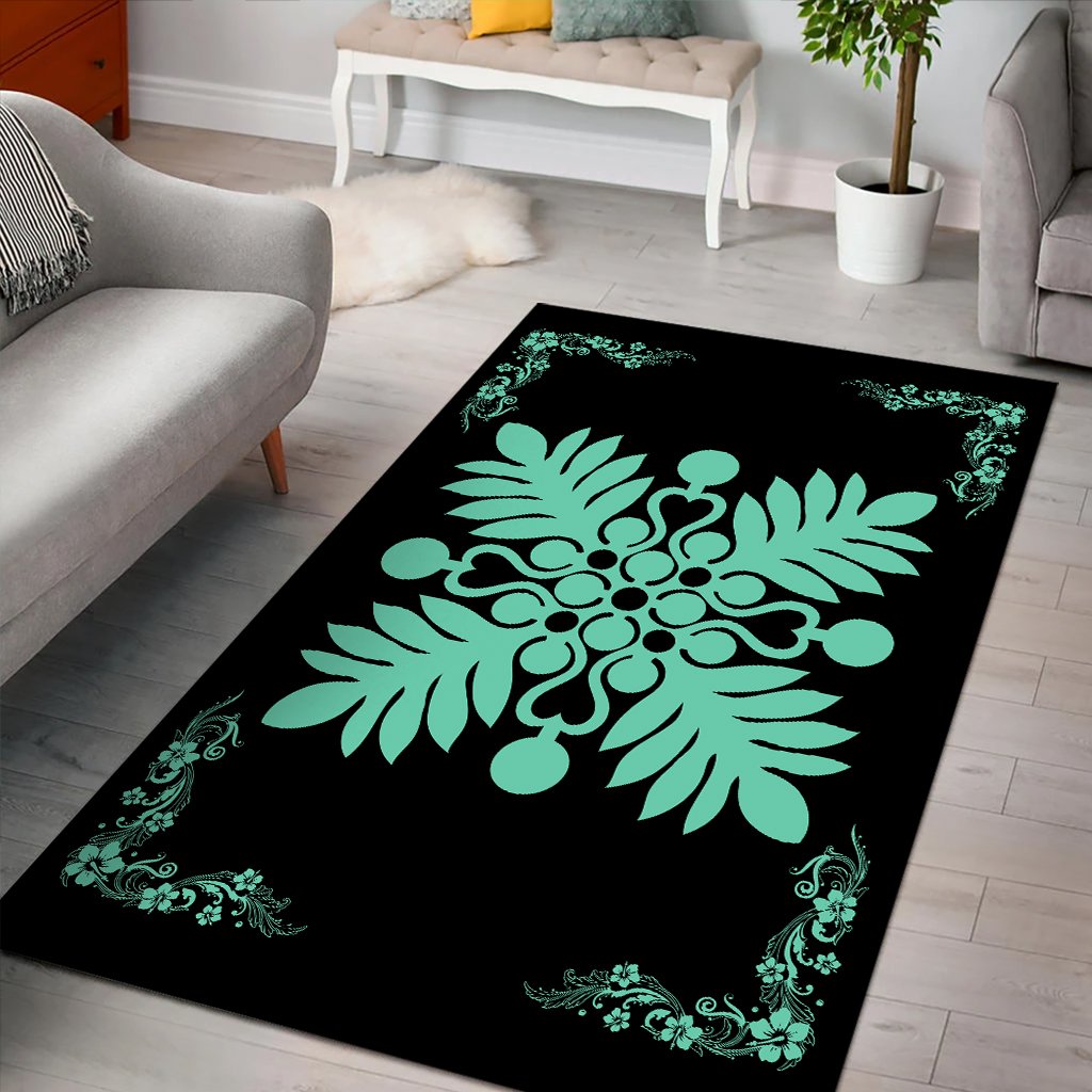 Hawaiian Quilt Maui Plant And Hibiscus Pattern Area Rug - Seafoarm Black - AH - Polynesian Pride