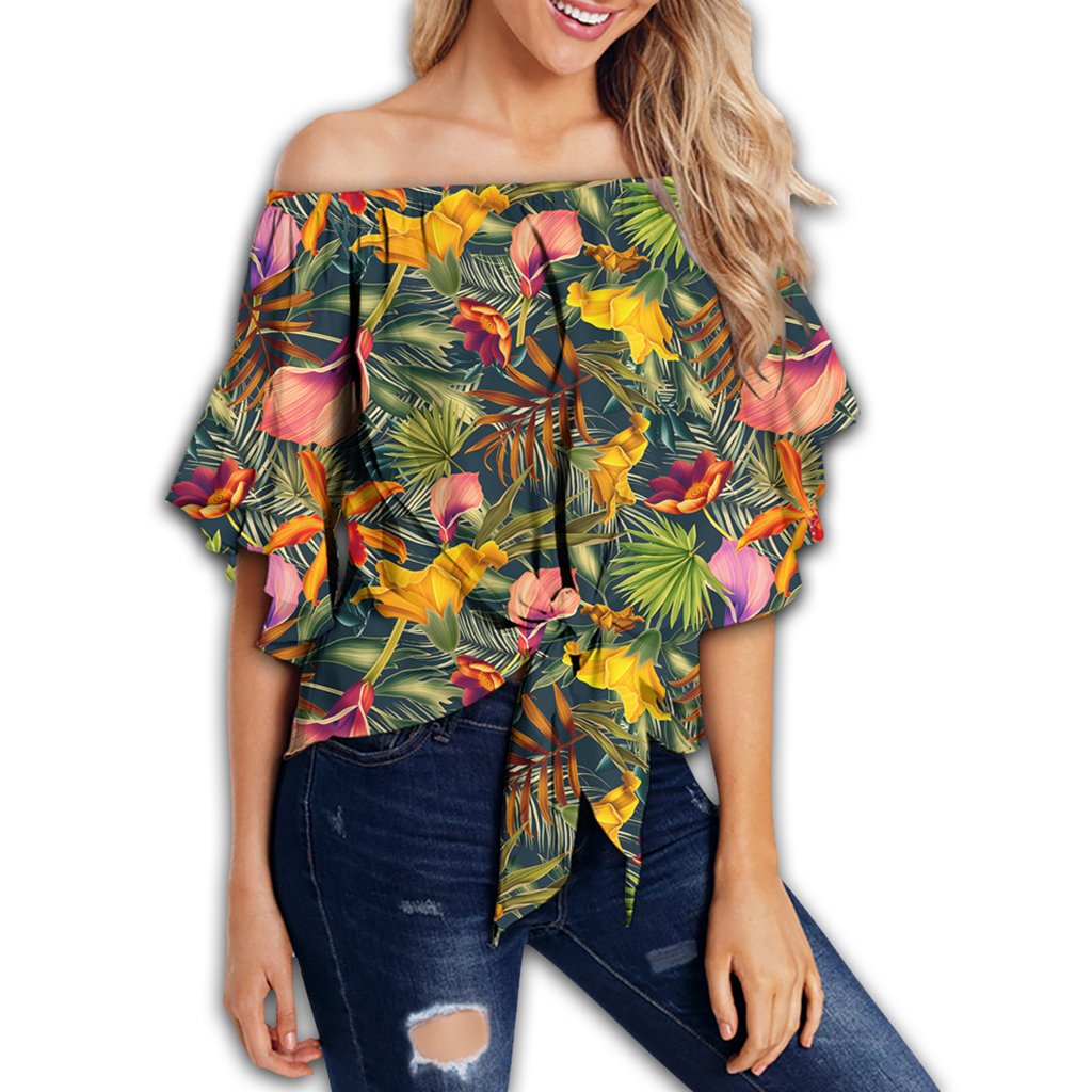 Seamless Tropical Flower Plant And Leaf Pattern Women's Off Shoulder Wrap Waist Top - AH - Polynesian Pride