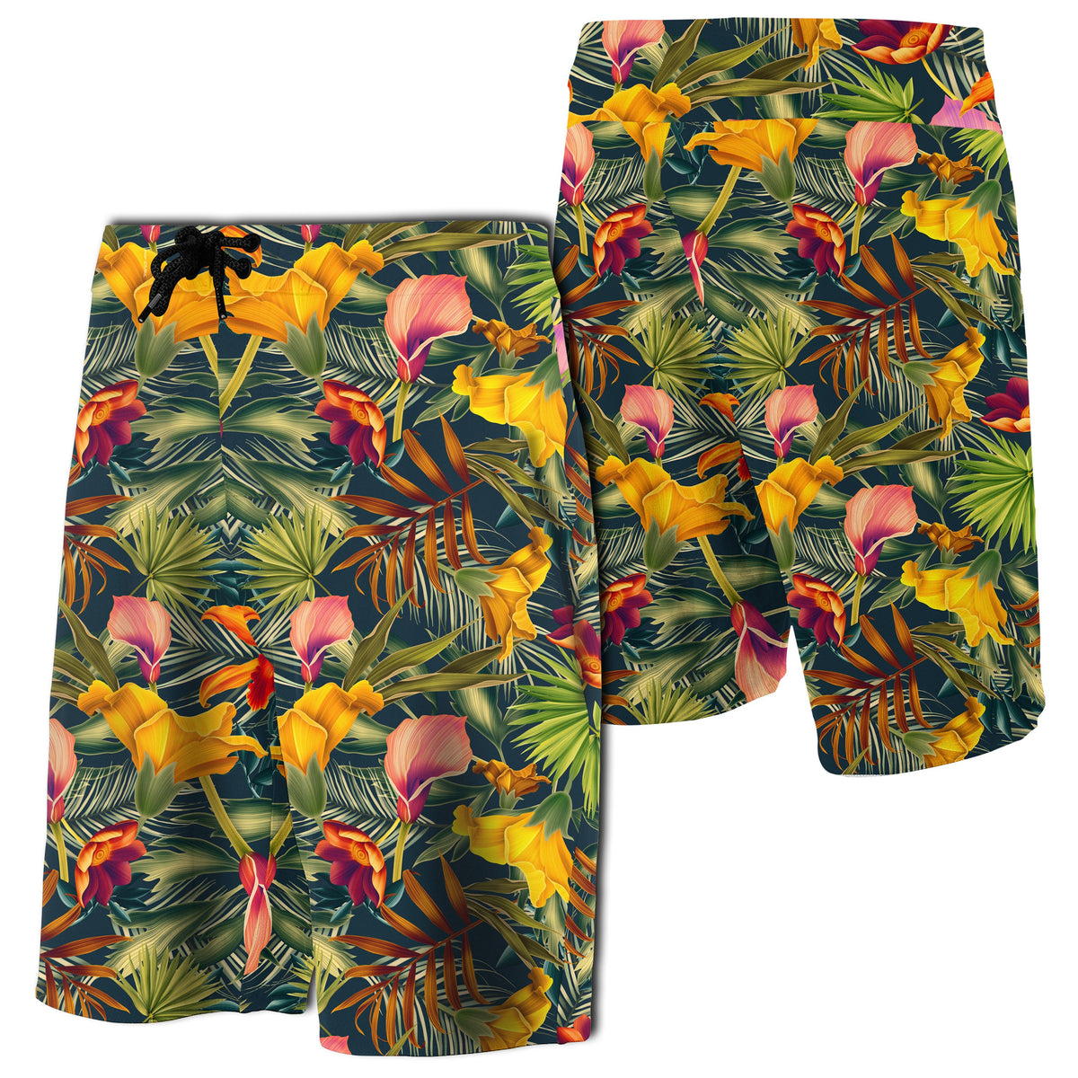 Seamless Tropical Flower Plant And Leaf Pattern Board Shorts Men Yellow - Polynesian Pride