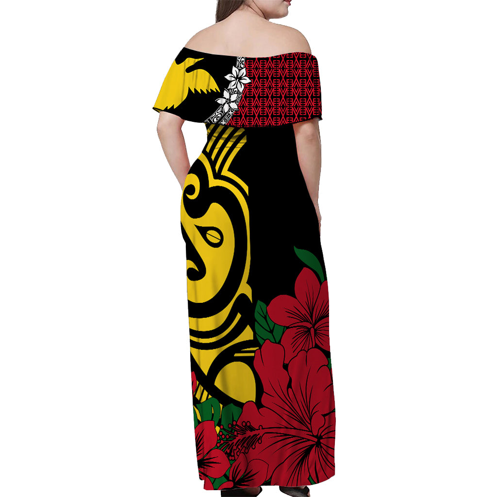 PNG Hibiscus Tribal Pattern Off Shoulder Long Dress Sepik Mask LT7 - Polynesian Pride