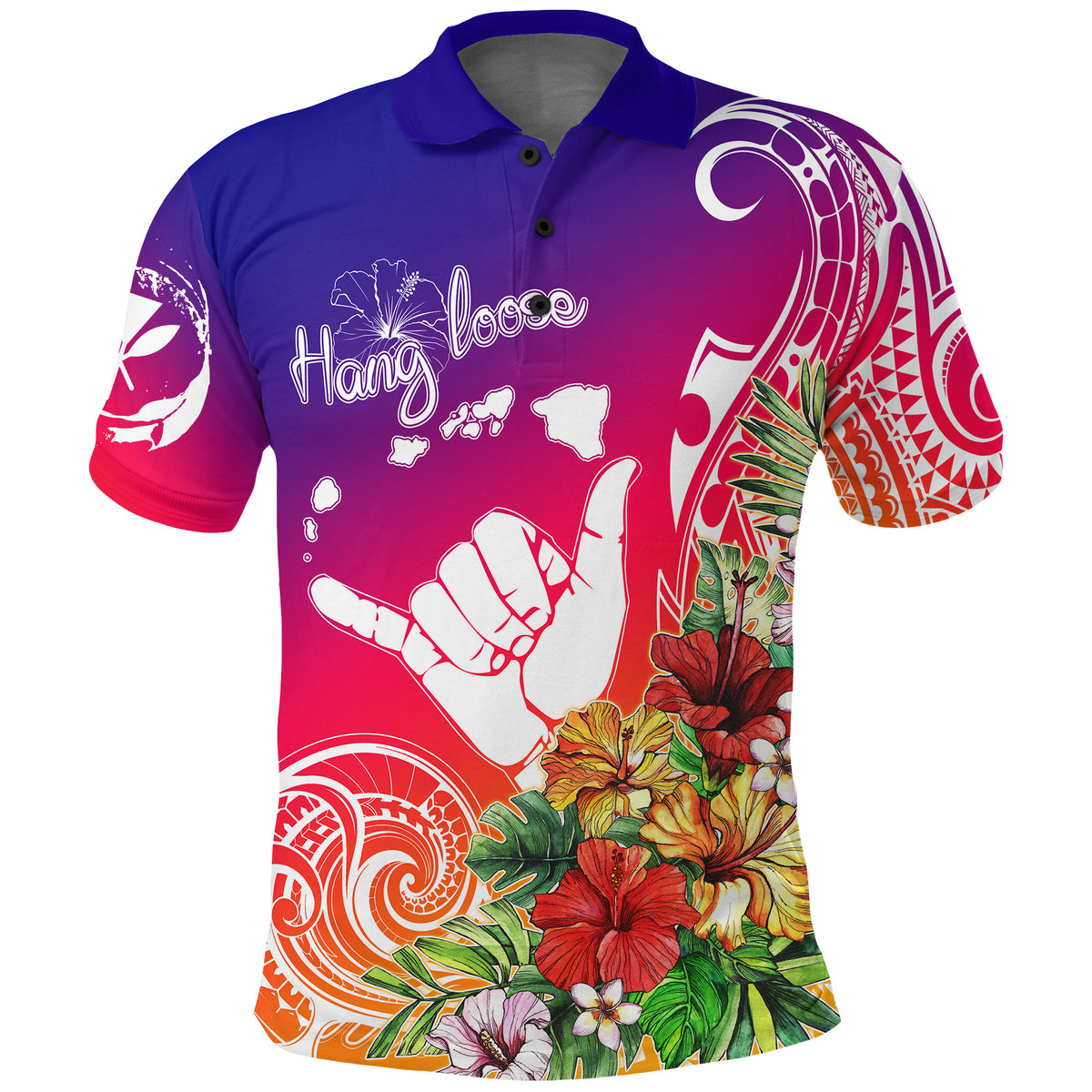 Hawaii Sunset with Hibiscus Polo Shirt Shaka Hang Loose LT7 Unisex Art - Polynesian Pride
