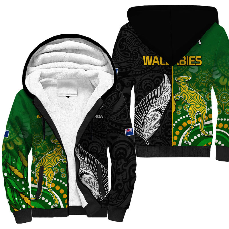 Aotearoa Rugby All Black Combine Australia Wallabies Sherpa Hoodie Aboriginal Kangaroo And Maori Fern LT9 - Polynesian Pride