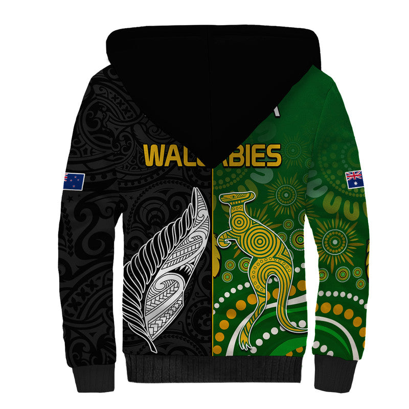 Aotearoa Rugby All Black Combine Australia Wallabies Sherpa Hoodie Aboriginal Kangaroo And Maori Fern LT9 - Polynesian Pride