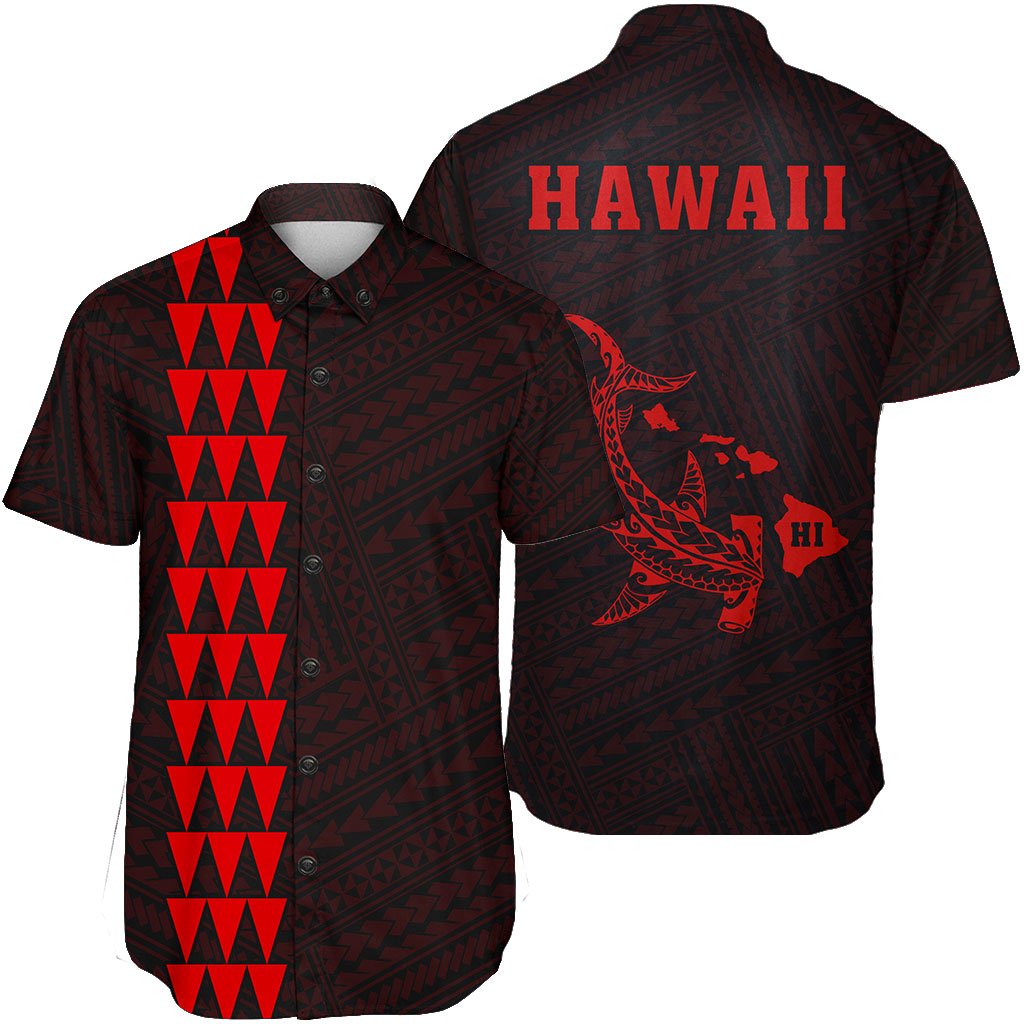 Hawaii Kakau Polynesian Hammerhead Shark Short Sleeve Shirt - Red Unisex Red - Polynesian Pride