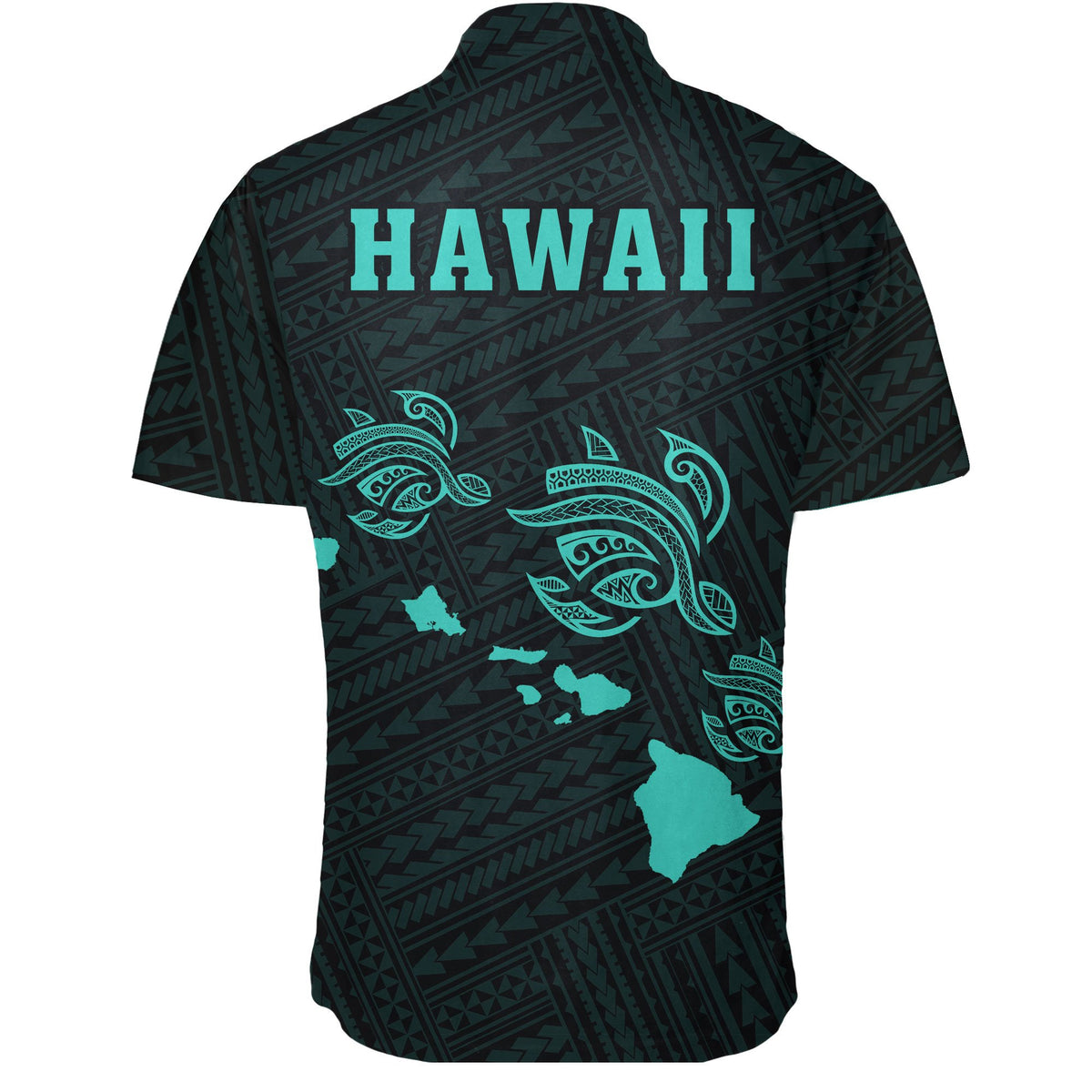 Hawaii Kakau Polynesian Three Turtles Map Short Sleeve Shirt - Turquoise - Polynesian Pride