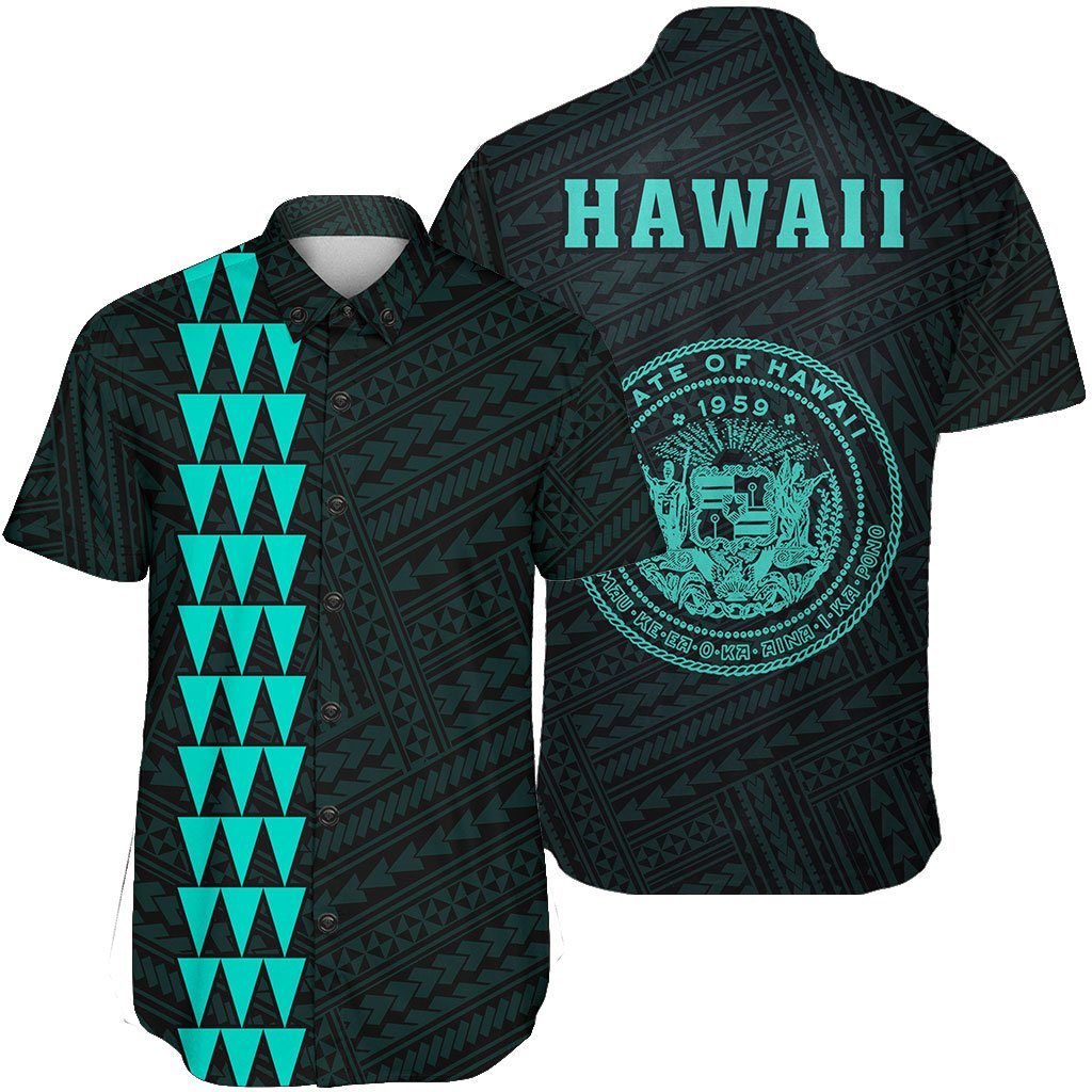 Hawaii Kakau Polynesian Coat Of Arms Short Sleeve Shirt - Turquoise Unisex Turquosie - Polynesian Pride