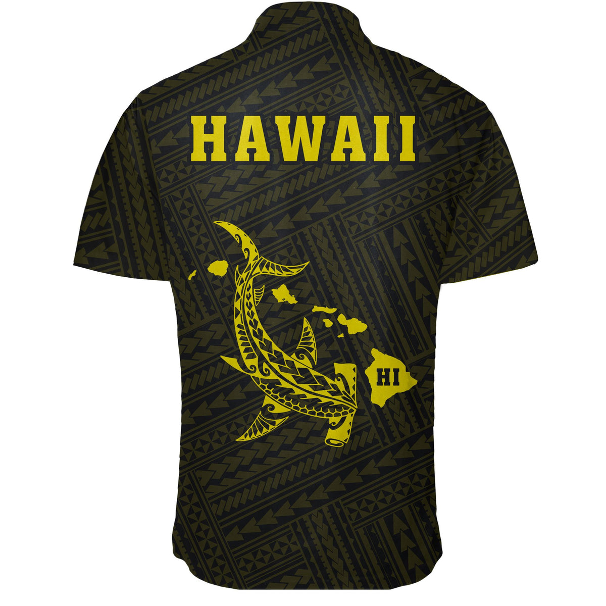 Hawaii Kakau Polynesian Hammerhead Shark Short Sleeve Shirt - Yellow - Polynesian Pride