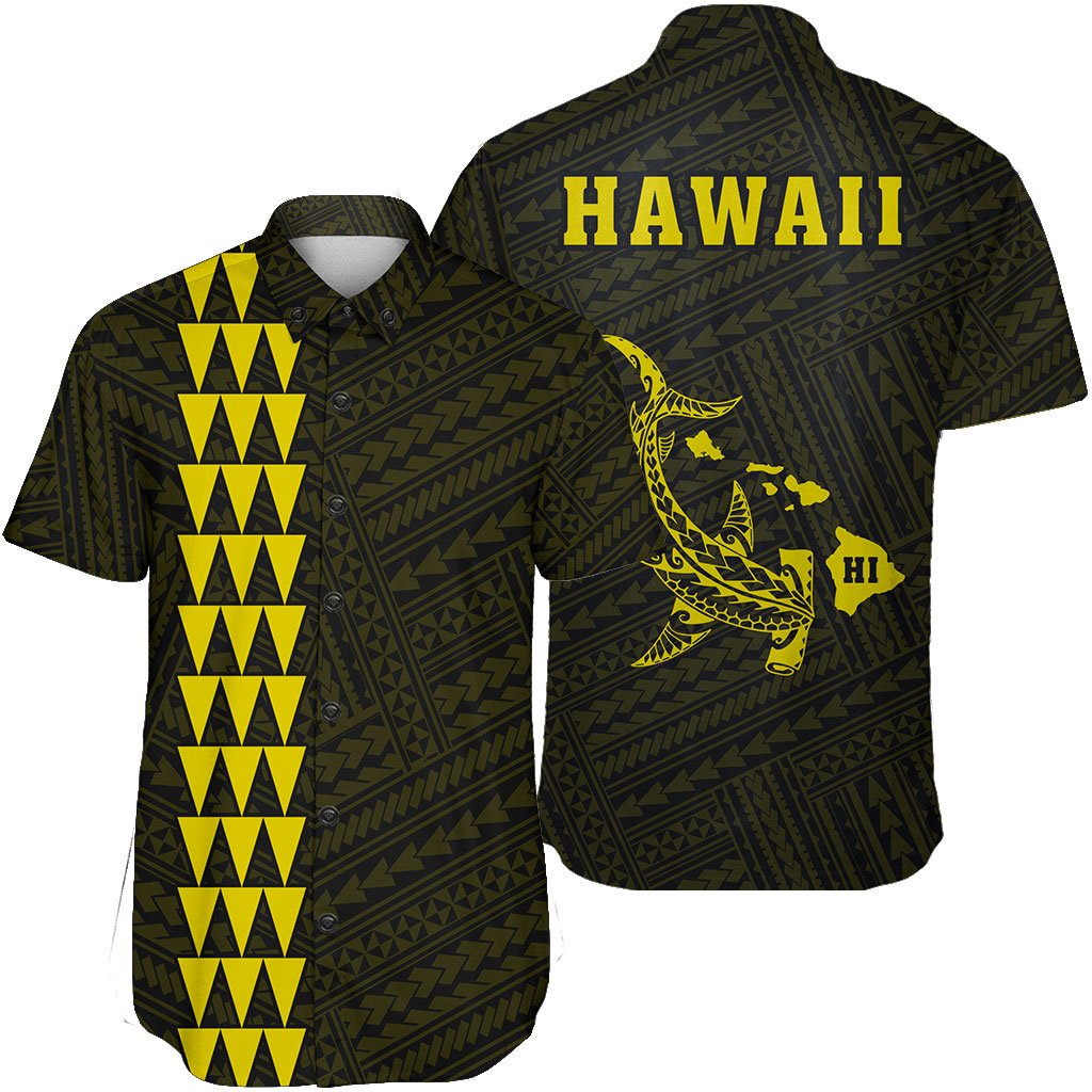 Hawaii Kakau Polynesian Hammerhead Shark Short Sleeve Shirt - Yellow Unisex Yellow - Polynesian Pride