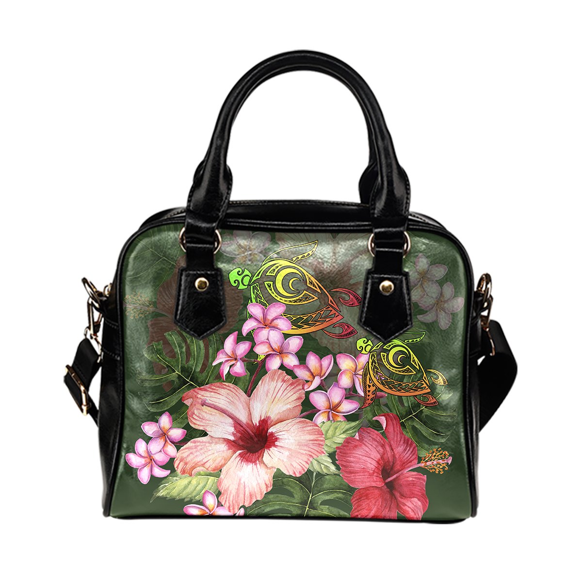 Hawaii Turtle Tropical Flower Shoulder Handbag - Deni Style - AH One Size Green - Polynesian Pride