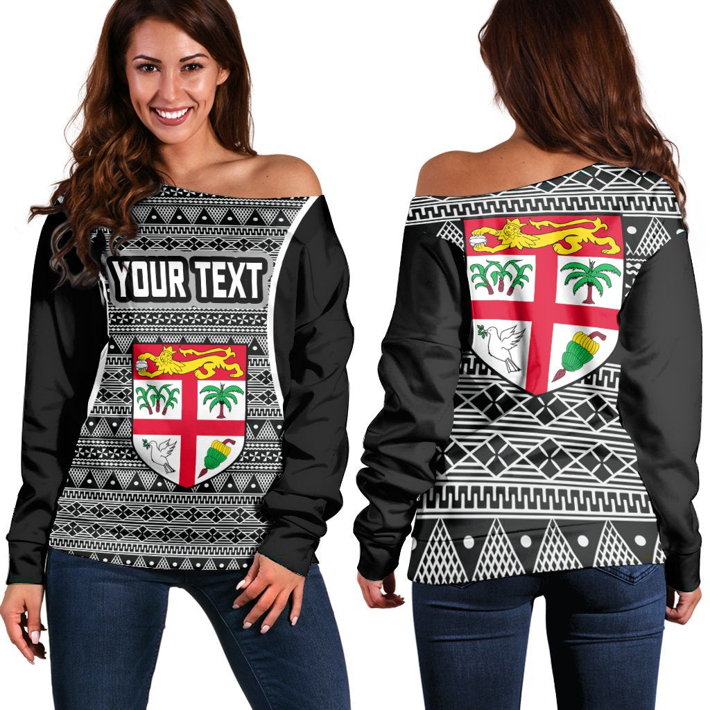 Fiji Custom Personalised Women's Off Shoulder Sweater - Tapa Pattern Sport Style Black - Polynesian Pride