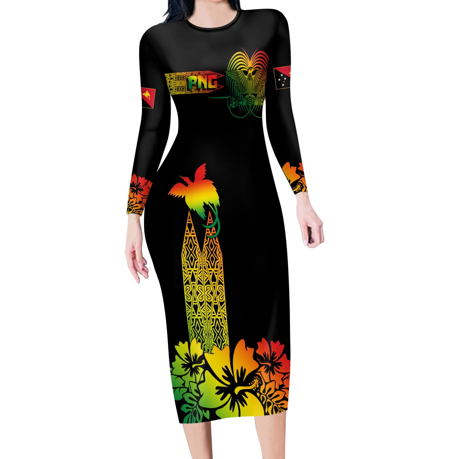 PNG Hibiscus Tribal Pattern Long Sleeves Dress Motuan Reggae Color LT7 Women Reggae - Polynesian Pride