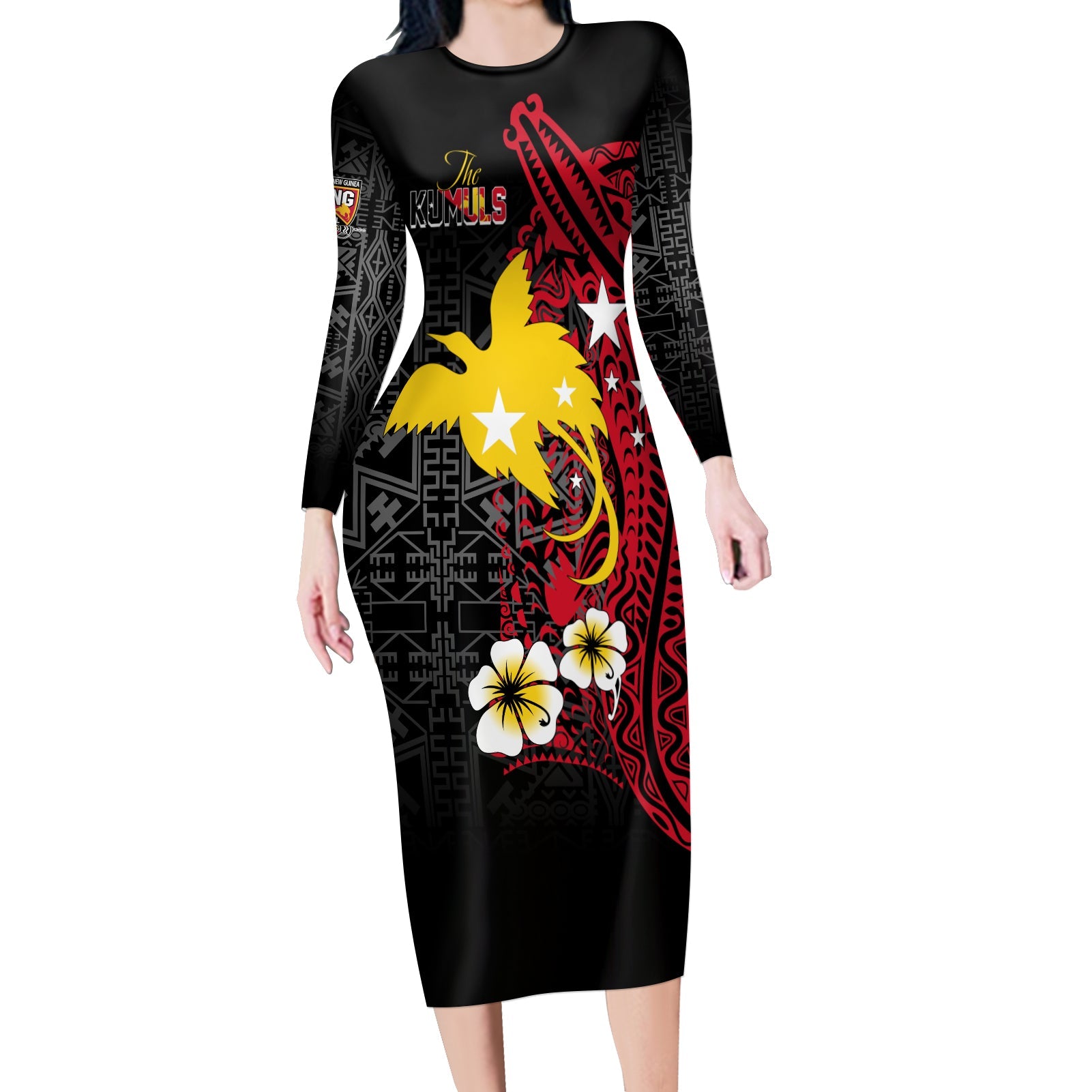 Papua New Guinea Independence Long Sleeves Bodycon Dress PNG Kumuls - Tribal Crocodile LT7 Women Black - Polynesian Pride