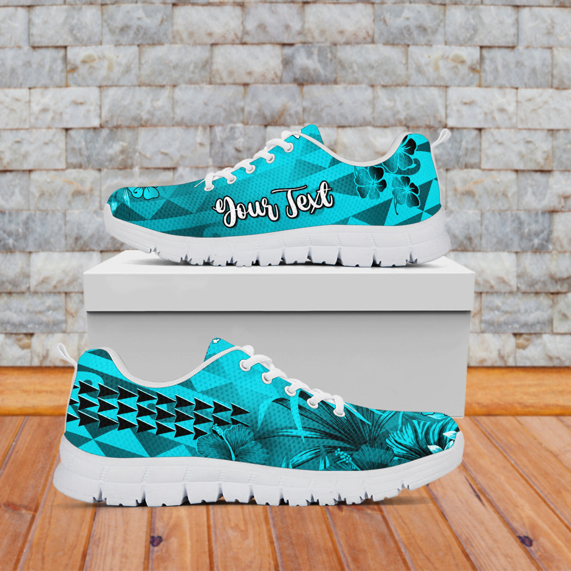 (Custom Personalised) Hawaii Flowers Sneakers Blue Tribal Pattern Hawaiian LT13 White - Polynesian Pride