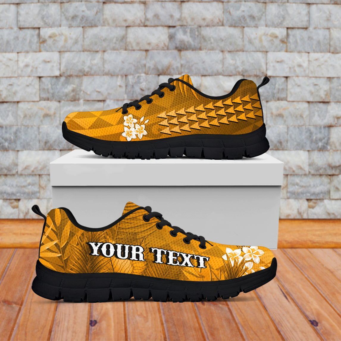 (Custom Personalised) Hawaii Pineapple Sneakers Gold Plumeria Frangipani Mix Tribal Pattern LT13 - Polynesian Pride