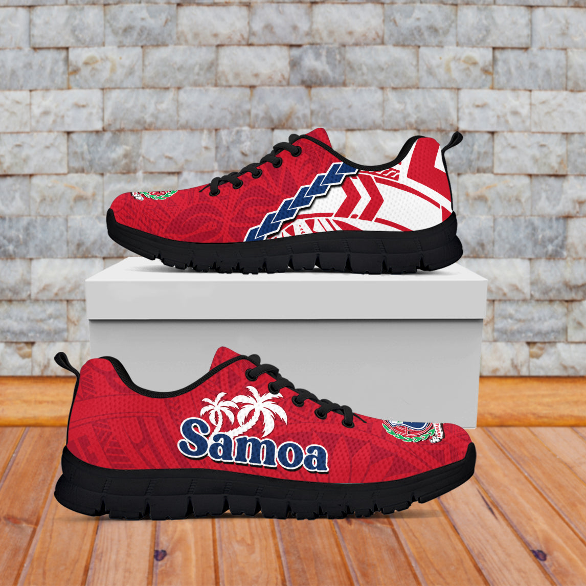 Samoa Sneakers Samoan Coat Of Arms With Coconut Red Style LT14 Black - Polynesian Pride