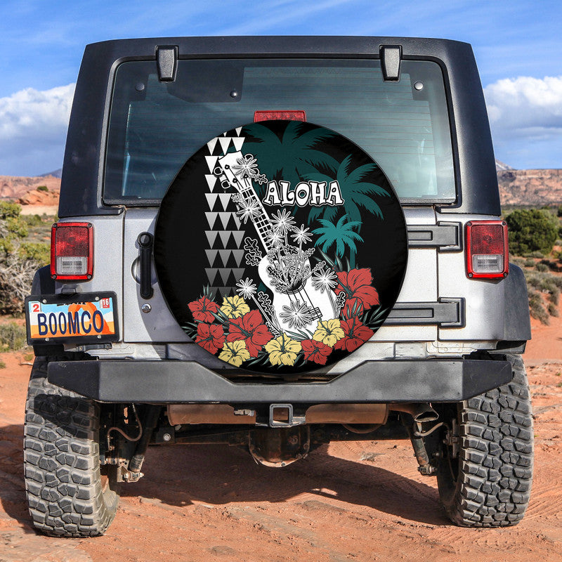 Hawaii Ukulele Mix Hibiscus and Coconut Tree Spare Tire Cover Aloha Vintage Black Version LT9 No hole - Polynesian Pride