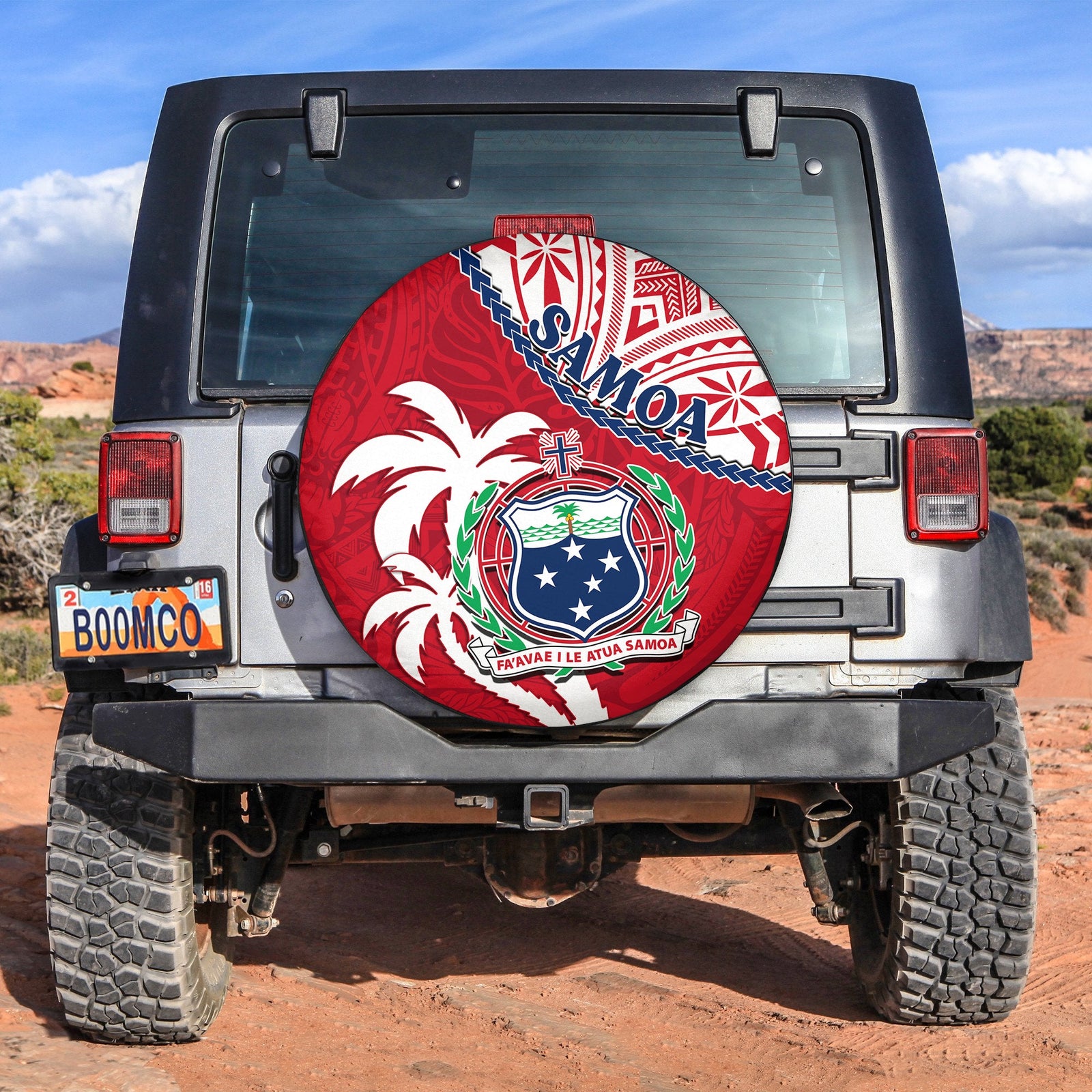 Samoa Spare Tire Cover Samoan Coat Of Arms With Coconut Red Style LT14 Red - Polynesian Pride