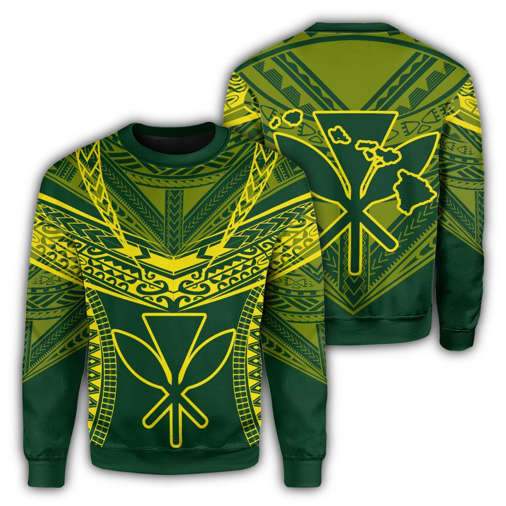 Hawaiian Kanaka Map Football Jersey Sweatshirt - Green And Yellow - Roger Style - AH Unisex Green - Polynesian Pride