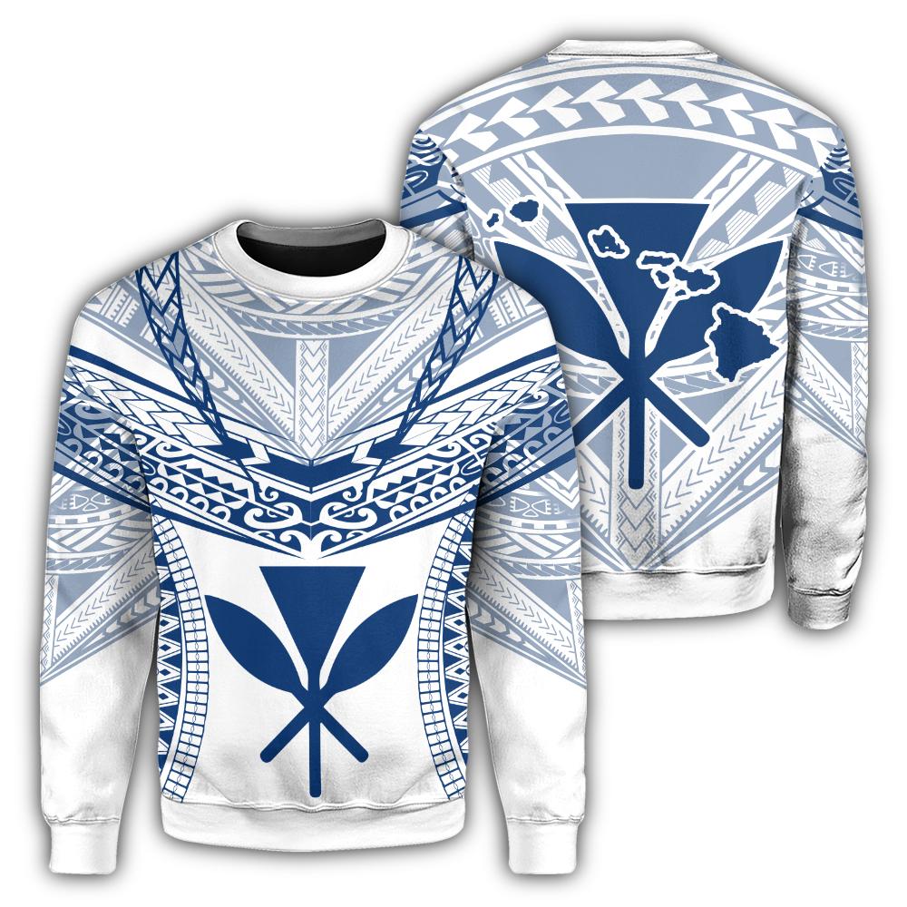 Hawaiian Kanaka Map Football Jersey Sweatshirt - White And Blue - Roger Style - AH Unisex White - Polynesian Pride