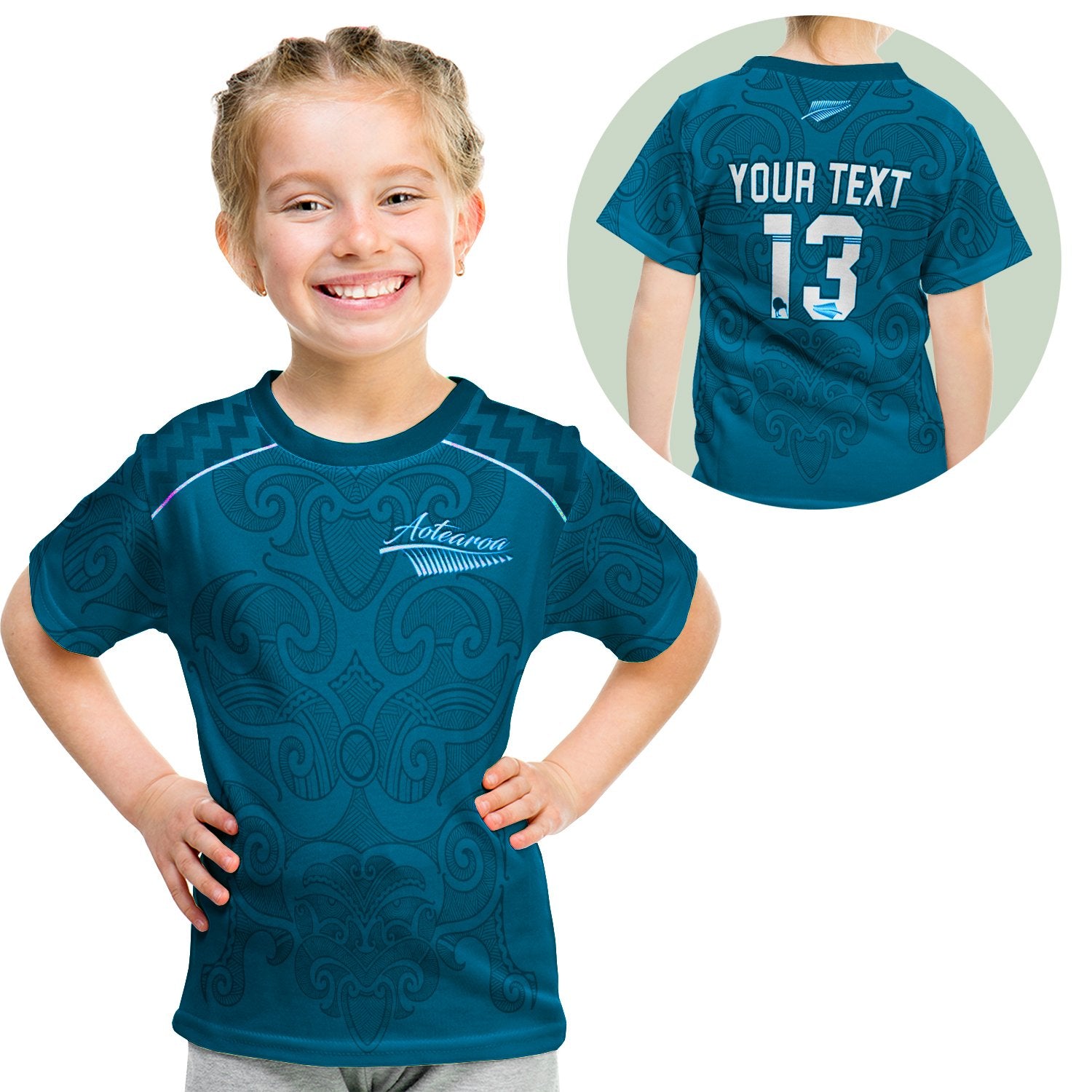 (Custom Personalised) Maori 2021 T Shirt Kid - Turquoise Aotearoa Tattoo - Custom Text And Number LT13 Youth XL Size14 - Polynesian Pride