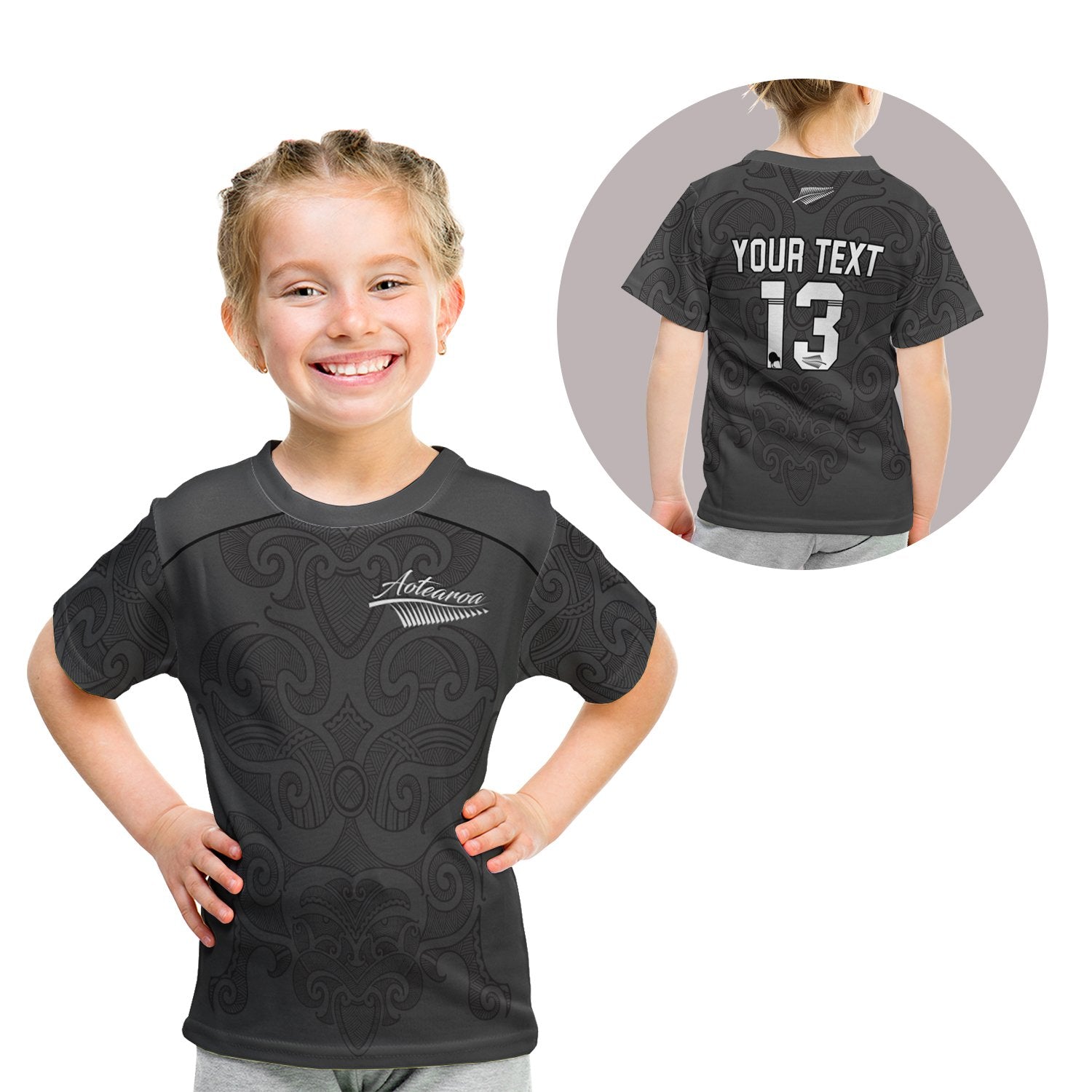 (Custom Personalised) Maori 2021 T Shirt Kid - Aotearoa Tattoo - Custom Text And Number LT13 Youth XL Size14 - Polynesian Pride