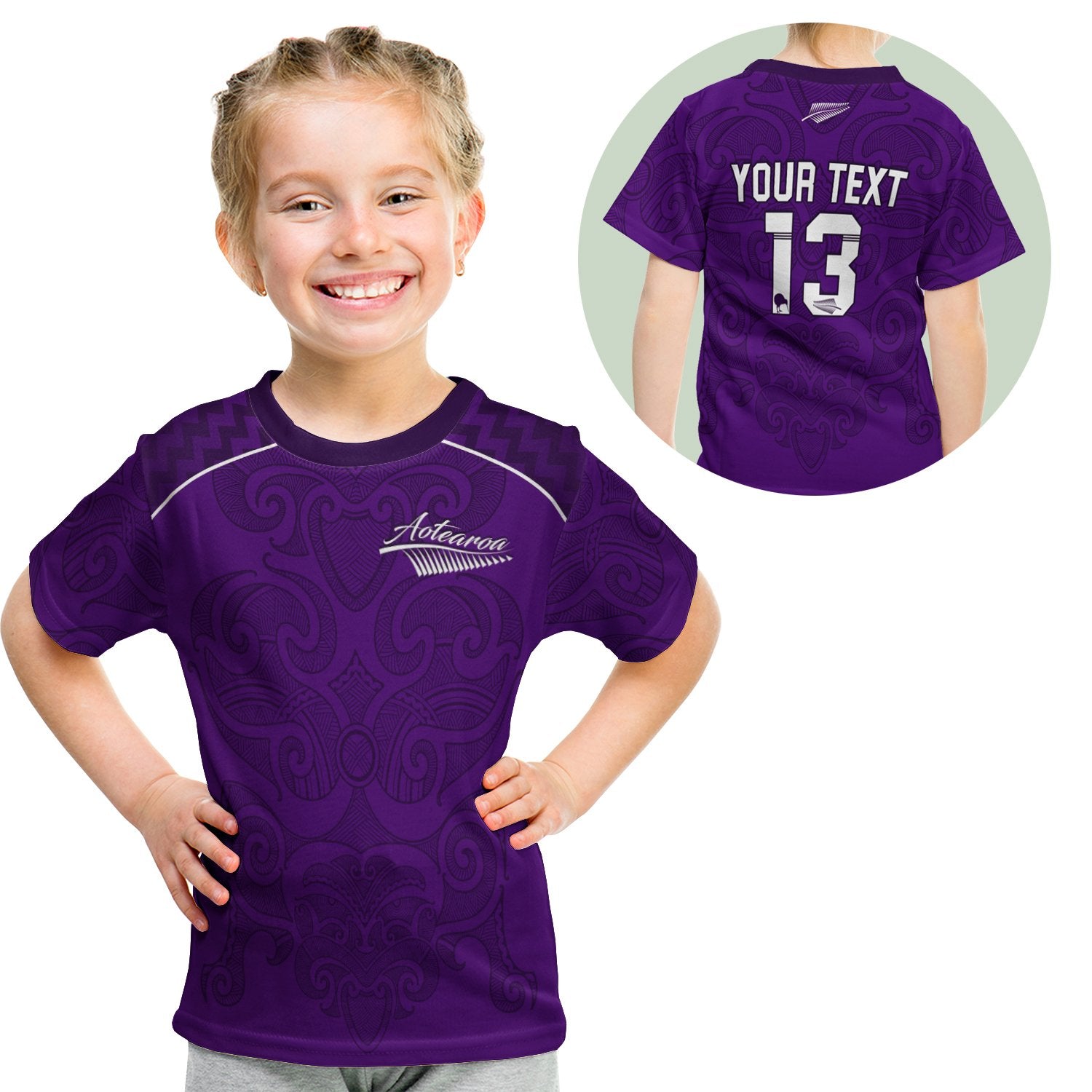 (Custom Personalised) Maori 2021 T Shirt Kid - Purple Aotearoa Tattoo - Custom Text And Number LT13 Youth XL Size14 - Polynesian Pride