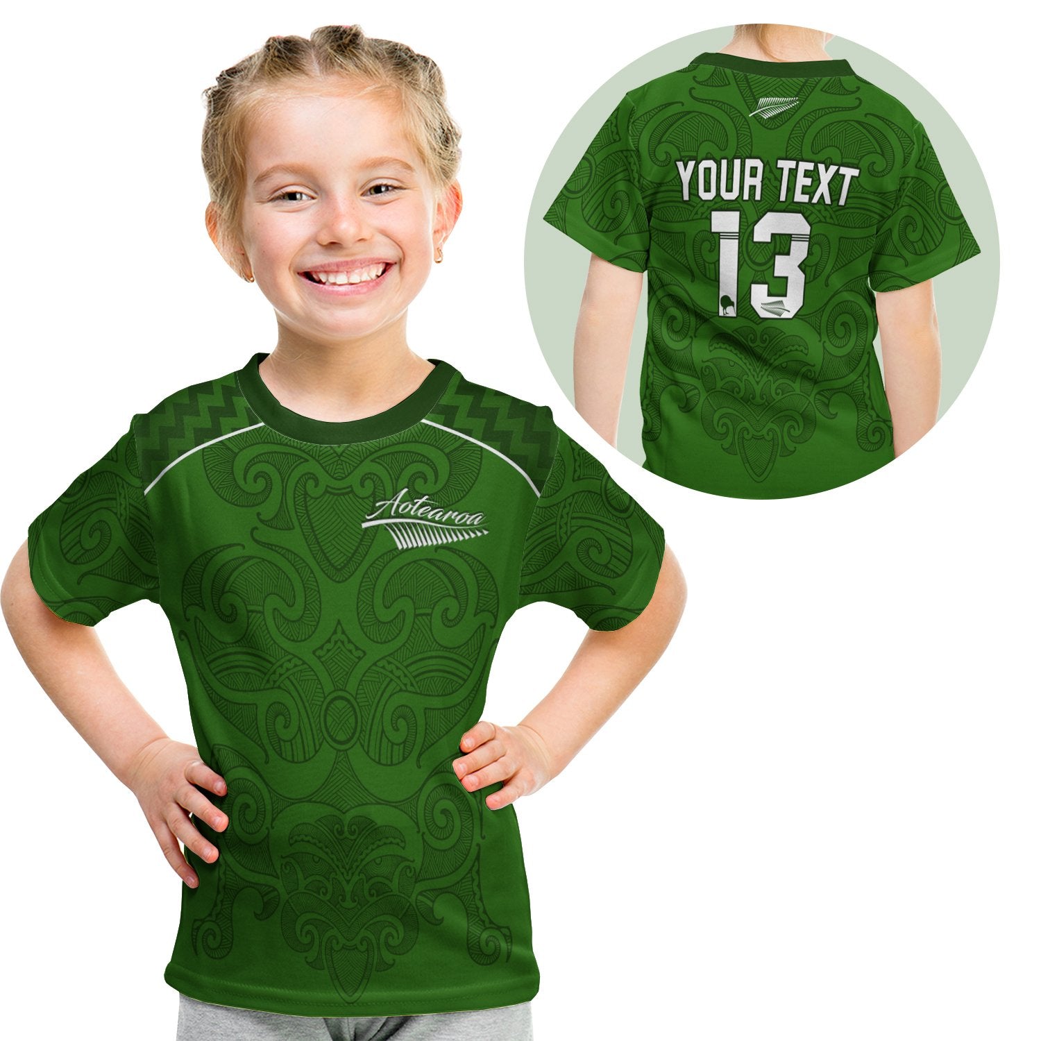 (Custom Personalised) Maori 2021 T Shirt Kid - Green Aotearoa Tattoo - Custom Text And Number LT13 Youth XL Size14 - Polynesian Pride