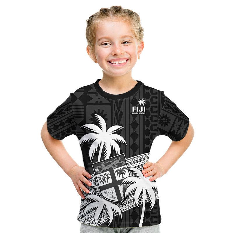 (Custom Text And Number) Fiji Rugby Sevens Kid T Shirt Tapa Palm Tree and Fijian Coat of Arms LT9 - Polynesian Pride