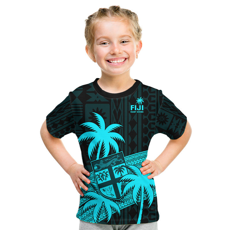 (Custom Personalised) Fiji Rugby Sevens Kid T Shirt Tapa Palm Tree and Fijian Coat of Arms LT9 - Polynesian Pride