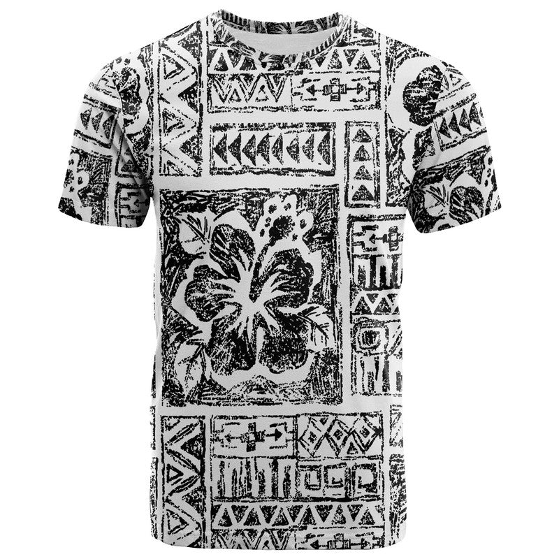 Fiji Tribal Black T Shirt Triple Hibiscus Tapa Style LT9 Adult White - Polynesian Pride