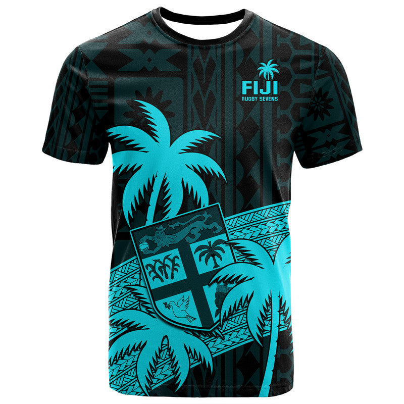 Custom Fiji Rugby Sevens T Shirt Tapa Palm Tree and Fijian Coat of Arms LT9 Blue - Polynesian Pride