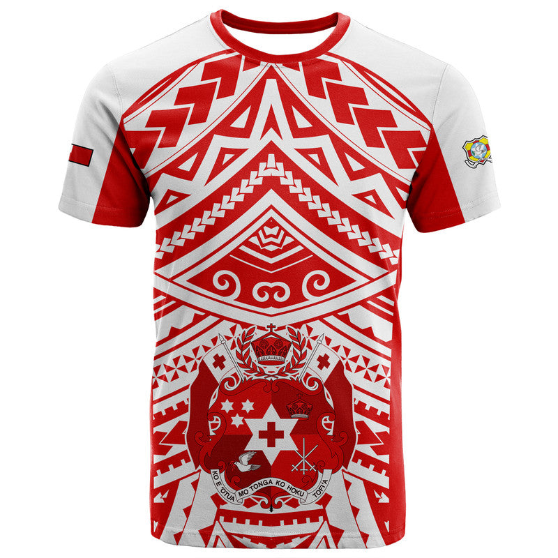 (Custom Text and Number) Tonga Rugby Sevens T Shirt Coat of Arms Tribal Polynesian Pattern LT9 Red - Polynesian Pride