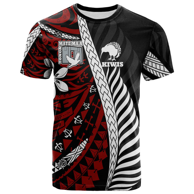 Mate Maa Tonga Mixed Aotearoa Kiwis Rugby T Shirt Silver Fern Mixed Polynesian Style LT9 Adult Black - Polynesian Pride
