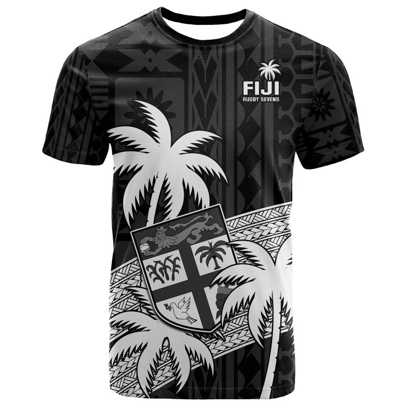 Fiji Rugby Sevens T Shirt Tapa Palm Tree and Fijian Coat of Arms LT9 Blue - Polynesian Pride