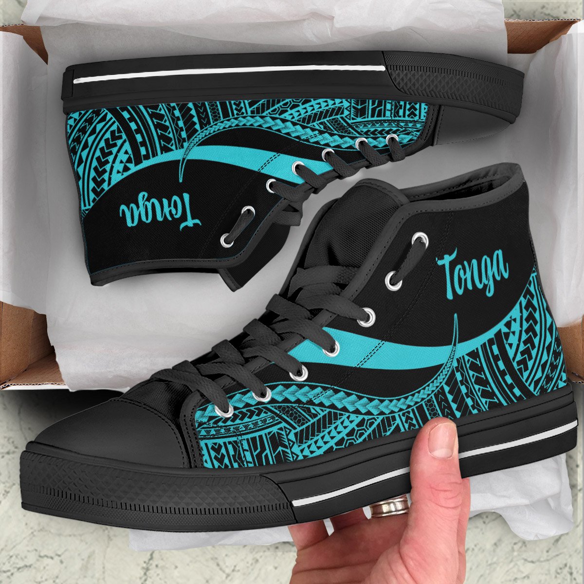 Tonga High Top Shoes Turquoise - Polynesian Tentacle Tribal Pattern Unisex Black - Polynesian Pride