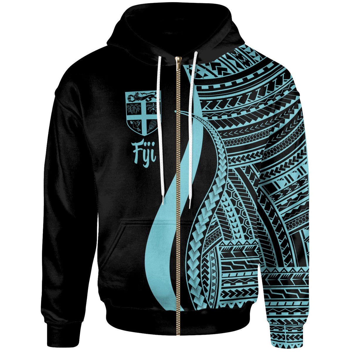 Fiji Zip up Hoodie Turquoise Tentacle Tribal Pattern Unisex White - Polynesian Pride