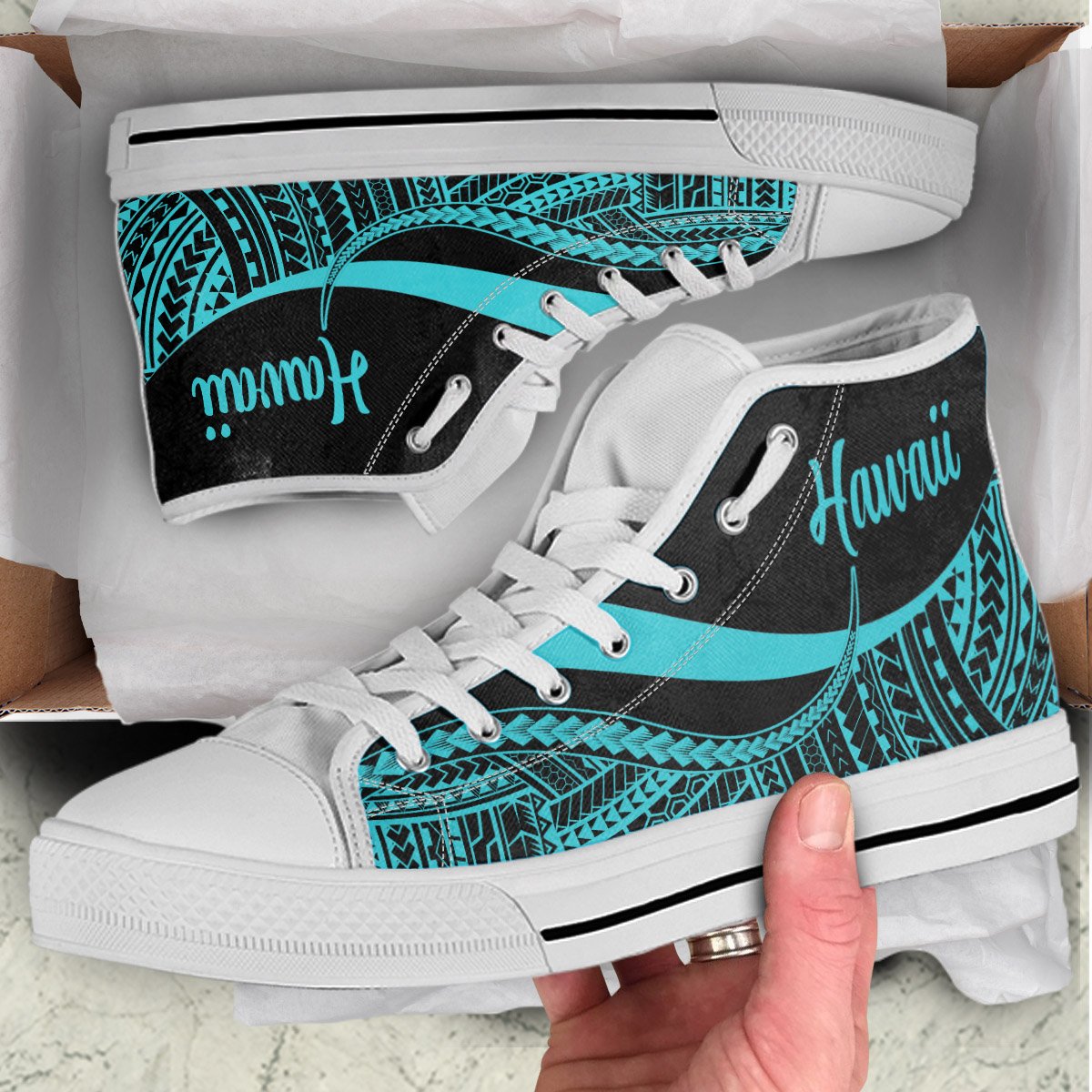 Hawaii High Top Shoes Turquoise - Polynesian Tentacle Tribal Pattern - Polynesian Pride