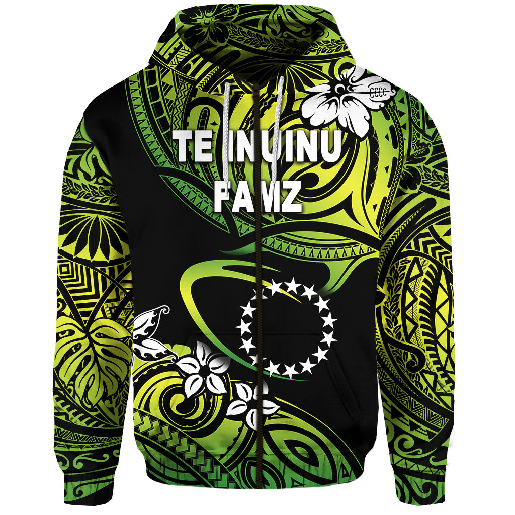 TE INUINU FAMZ Cook Islands Rugby Zip Hoodie Unique Vibes Green LT8 Unisex Green - Polynesian Pride