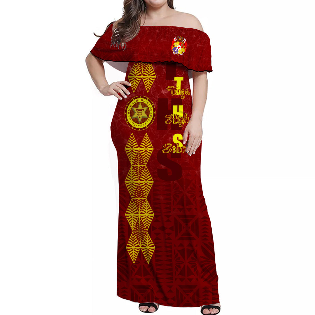 Tonga High School Hibiscus Off Shoulder Long Dress THS Old Girls LT7 Long Dress Maroon - Polynesian Pride