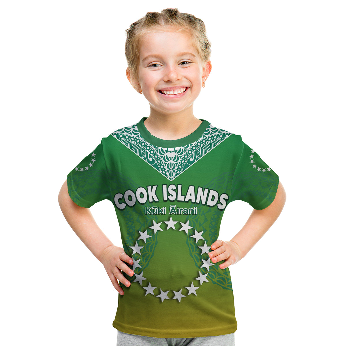 Cook Islands T Shirt Circle Pattern Mix Sea Turtle Green Version LT14 Kid Green - Polynesian Pride