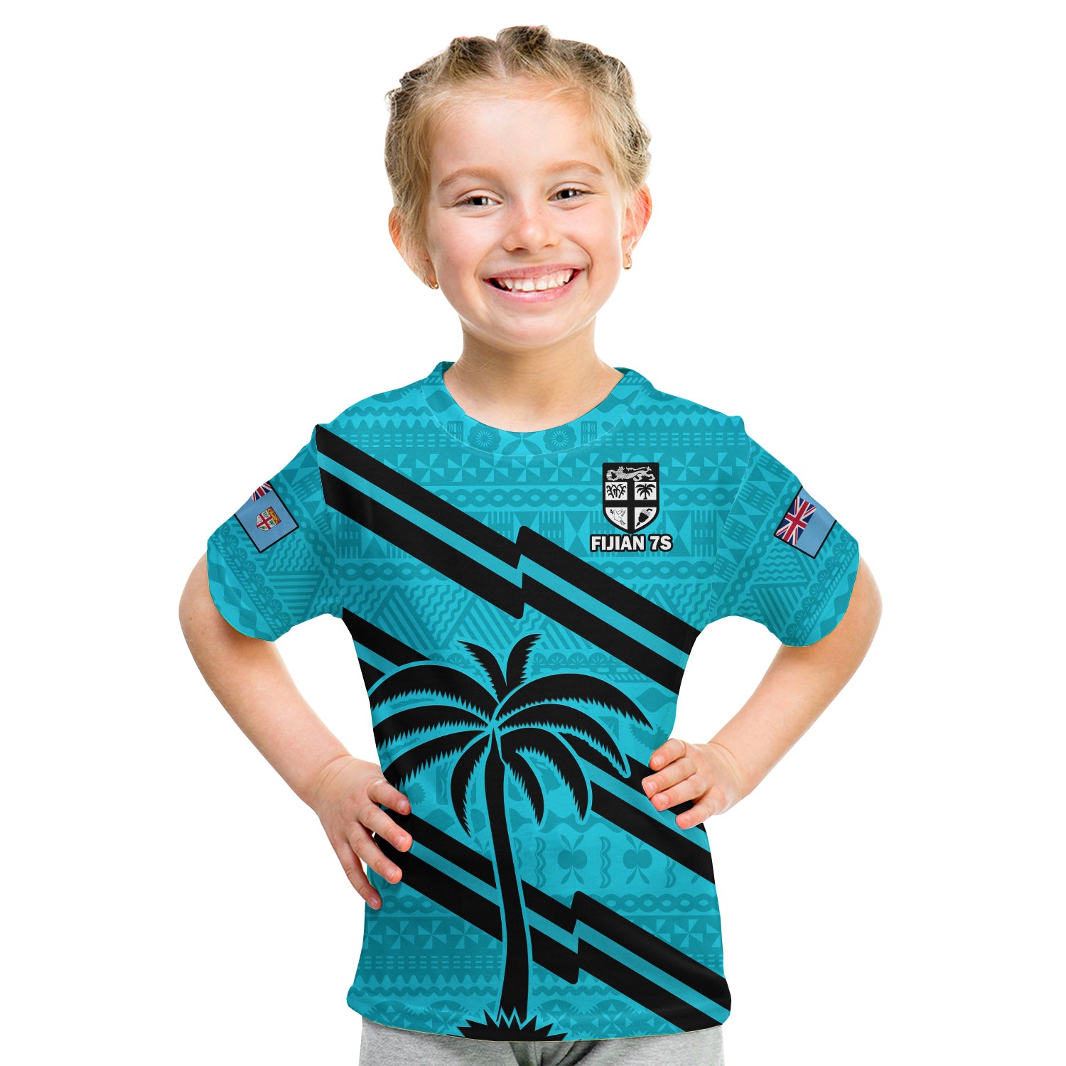 Fiji Rugby Tapa Pattern Fijian 7s Cyan Kid T Shirt LT14 - Polynesian Pride