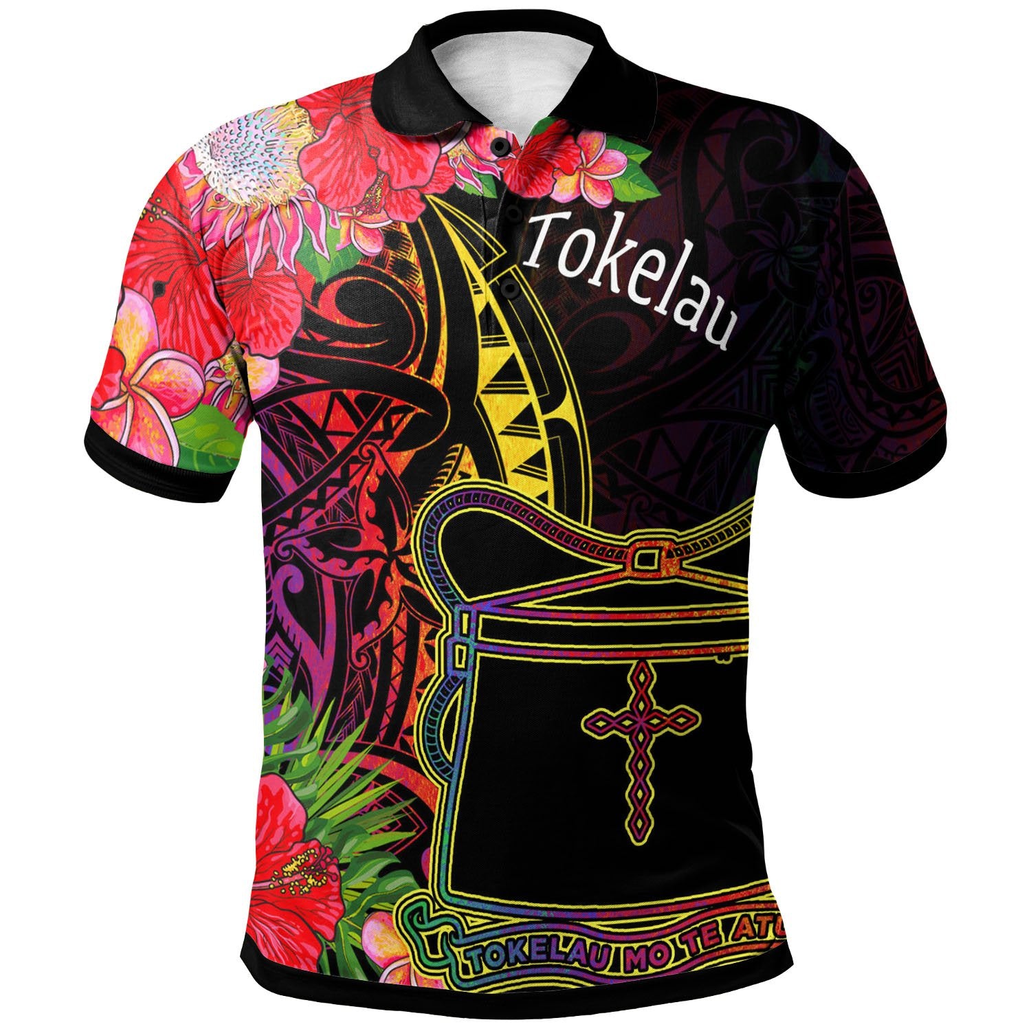 Tokelau Polo Shirt Tropical Hippie Style Unisex Black - Polynesian Pride