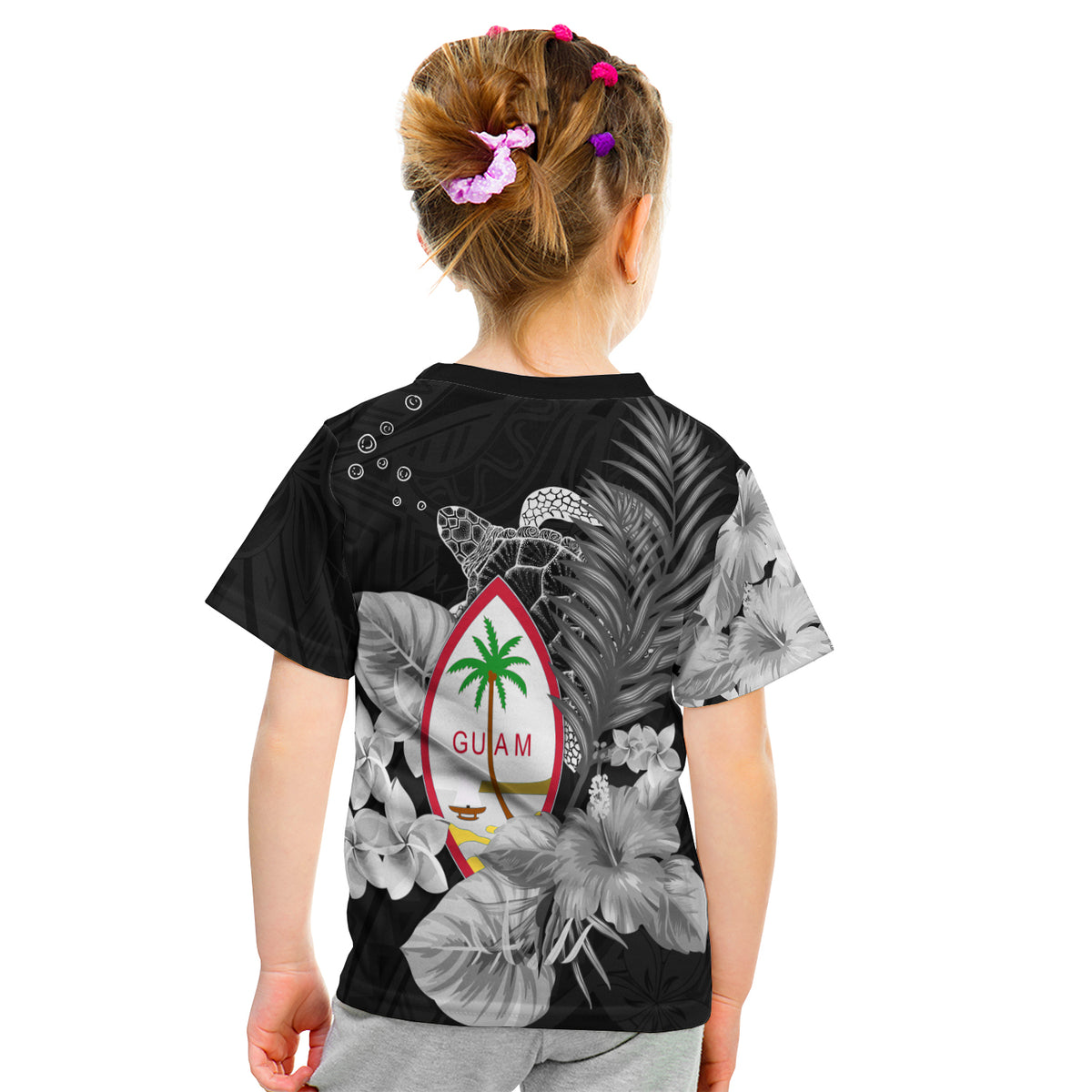 Guam Seal T Shirt Kid Polynesian Turtle With Flowers Version White LT13 - Polynesian Pride