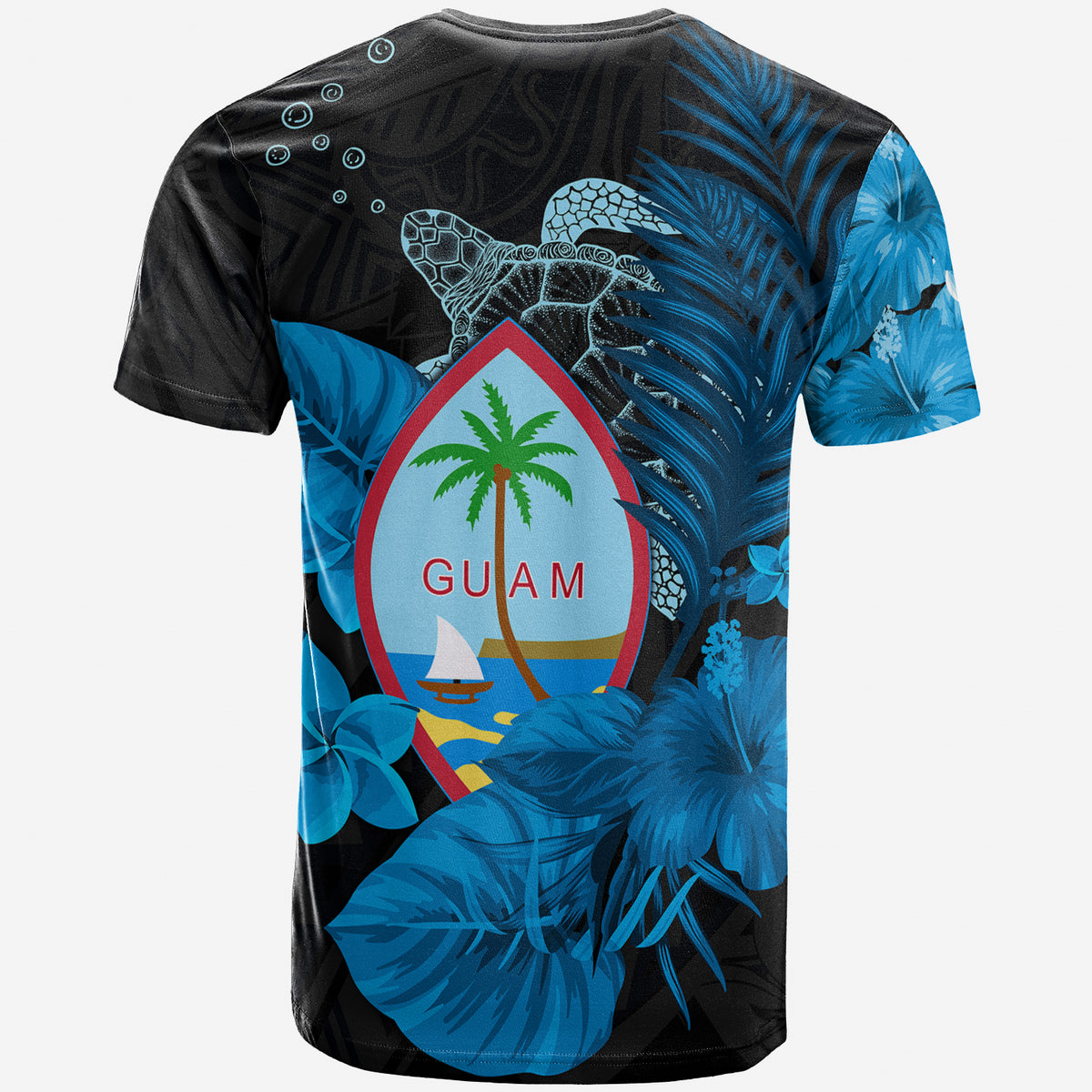 Guam Seal T Shirt Polynesian Turtle with Flowers Version Blue LT13 - Polynesian Pride