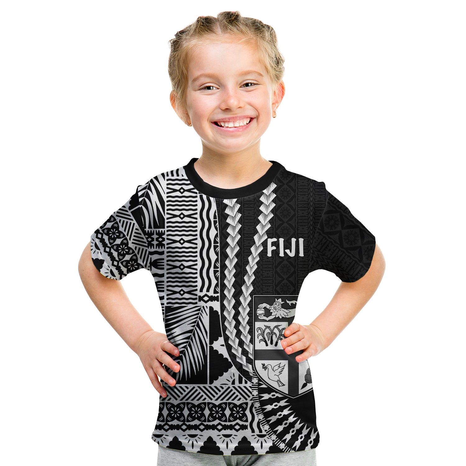 (Custom Personalised) Fiji T Shirt Kid Masi Tapa Patterns Black Style LT6 - Polynesian Pride
