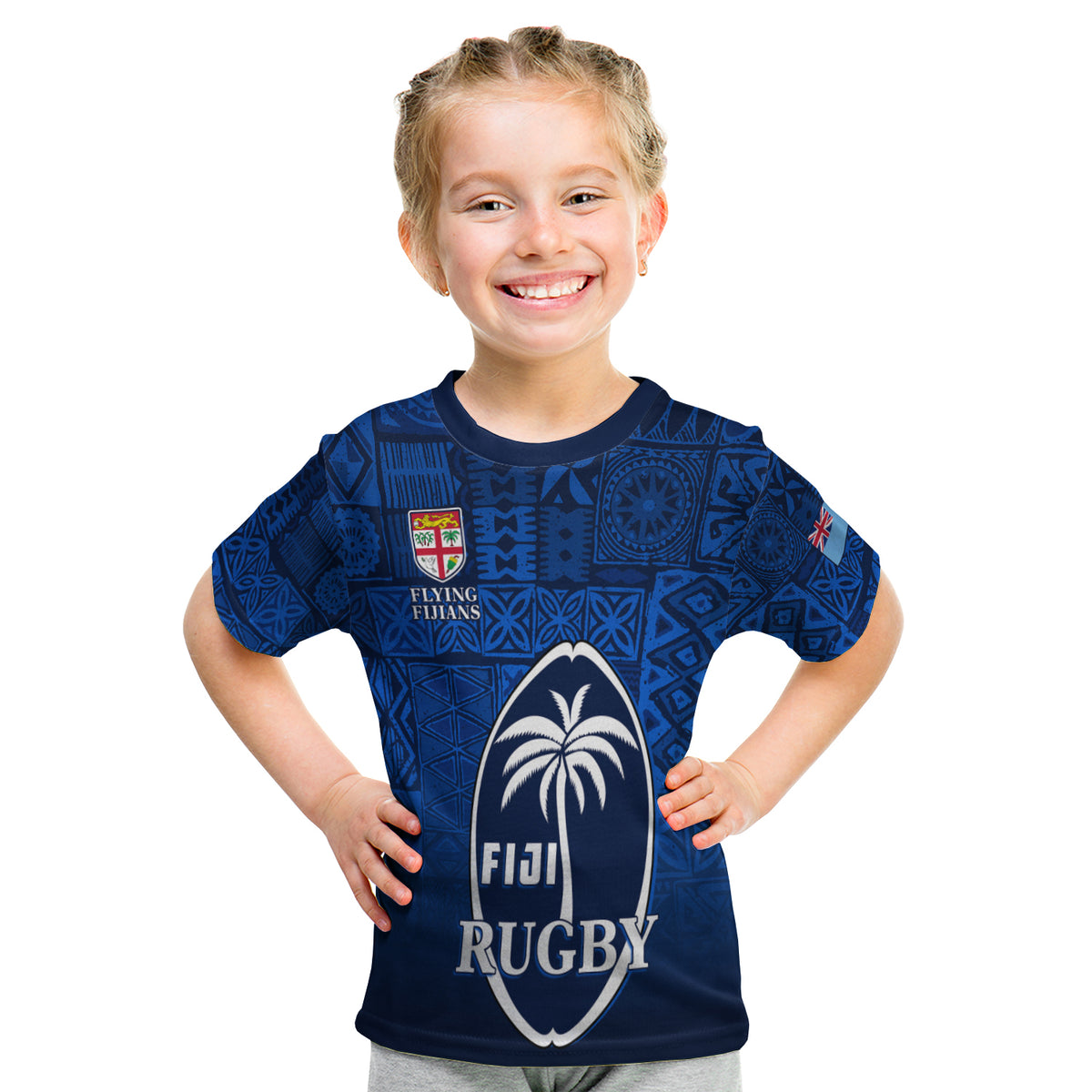 (Custom Text And Number) Fiji Rugby T Shirt Kid Flying Fijians Blue Tapa Pattern LT13 - Polynesian Pride