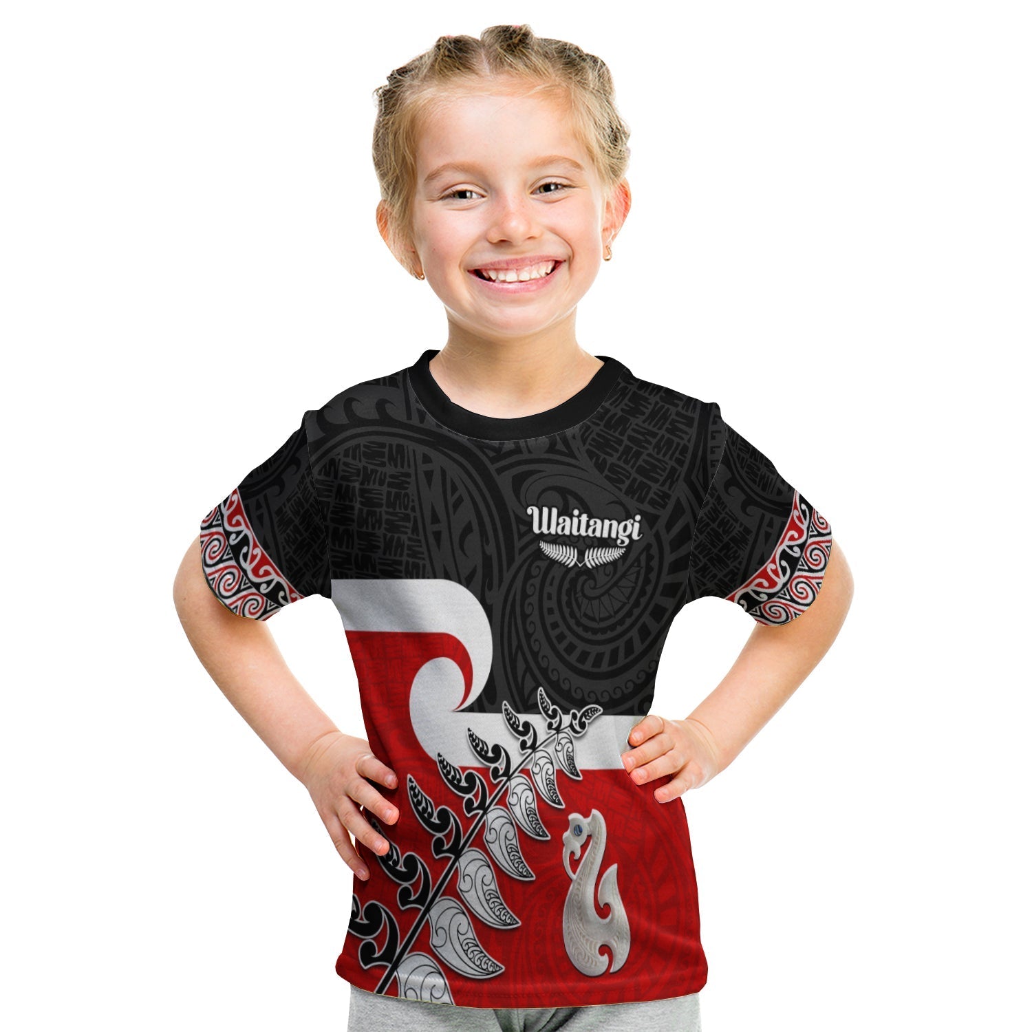Waitangi T Shirt KID Aotearoa Maori Pattern Mix Fern and Manaia Koru LT13 Youth XL Size14 - Polynesian Pride
