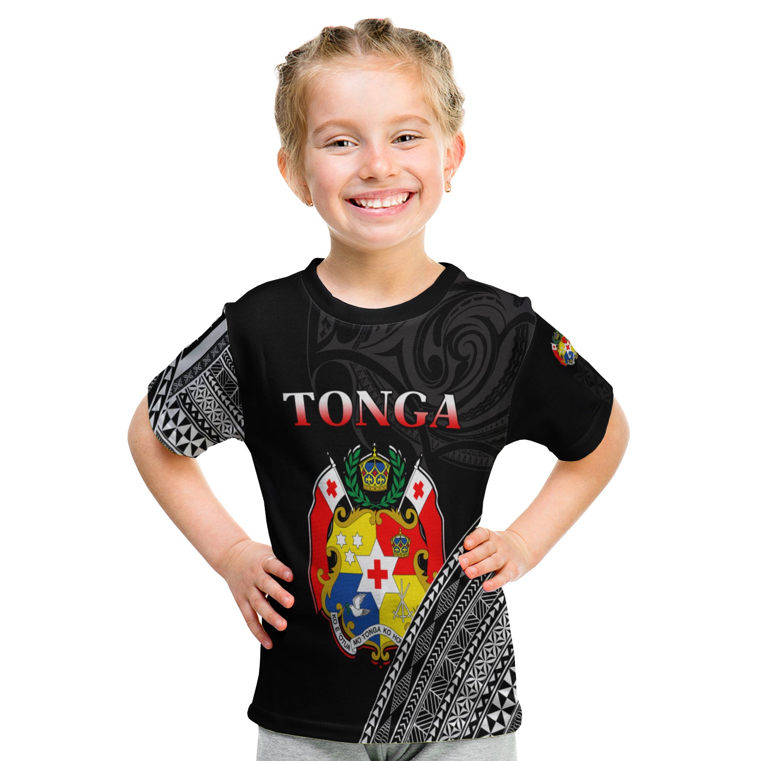 Tonga T Shirt Kid Tongan Pattern Blithesome Version Black LT13 Youth XL Size14 - Polynesian Pride