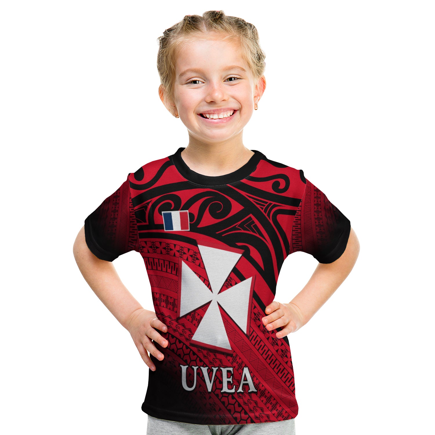 Uvea Chiefdom Wallis et Futuna T Shirt KID Polynesian Pattern and Flag LT13 Youth XL Size14 - Polynesian Pride
