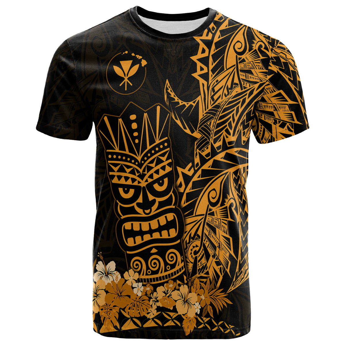 Custom Hawaii Polynesian T Shirt Gold Tiki Masks Hawaiian LT13 - Polynesian Pride